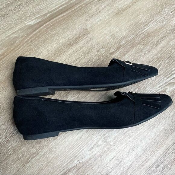 Ataiwee Black Suede Pointed Toe Black Fringe Flats With Buckle Size 6.5W - Picture 3 of 6